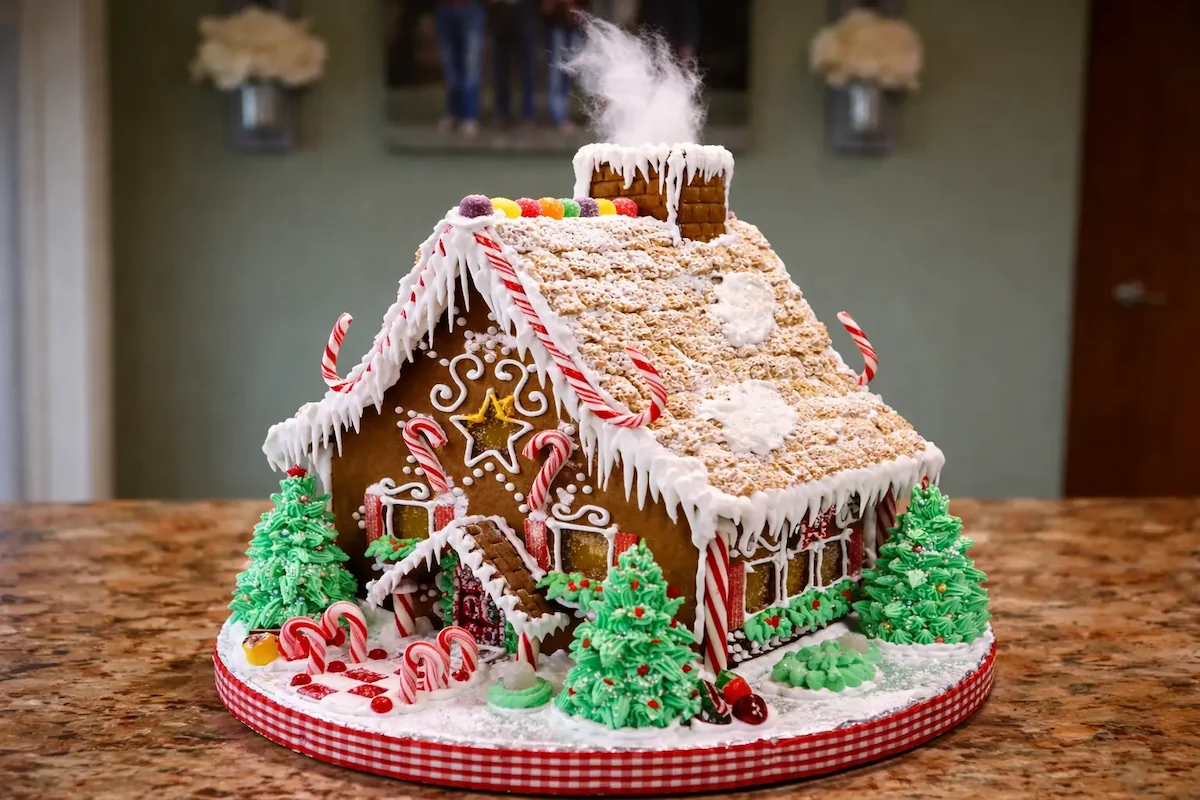 Festive gingerbread house covered in white icing, candy canes, gumdrops, and green icing trees on a holiday display board.
